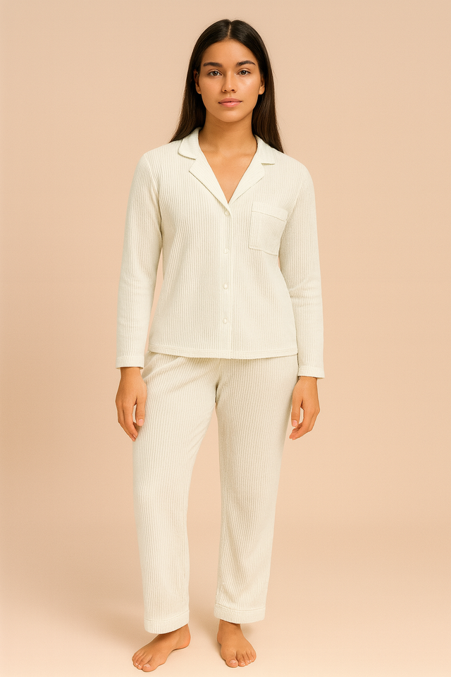 Sophie Ribbed Button-Down Pajama Set | Off White