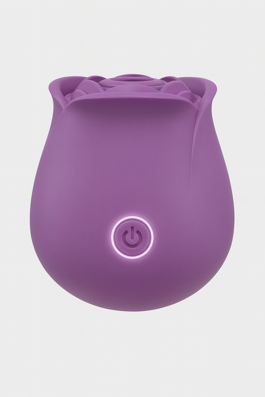 Purple silicone rose suction product with power symbol on a light gray background