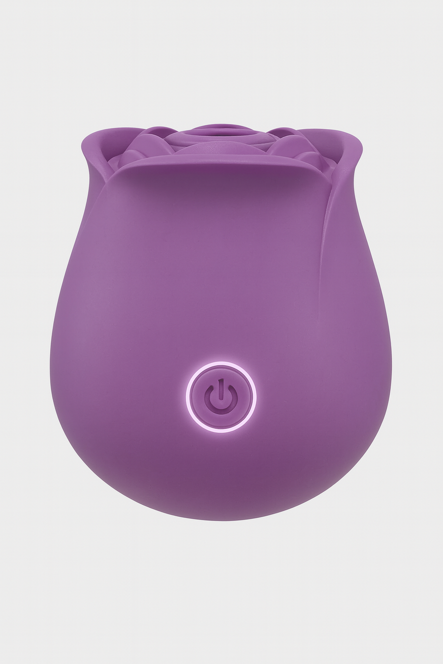 Purple silicone rose suction product with power symbol on a light gray background