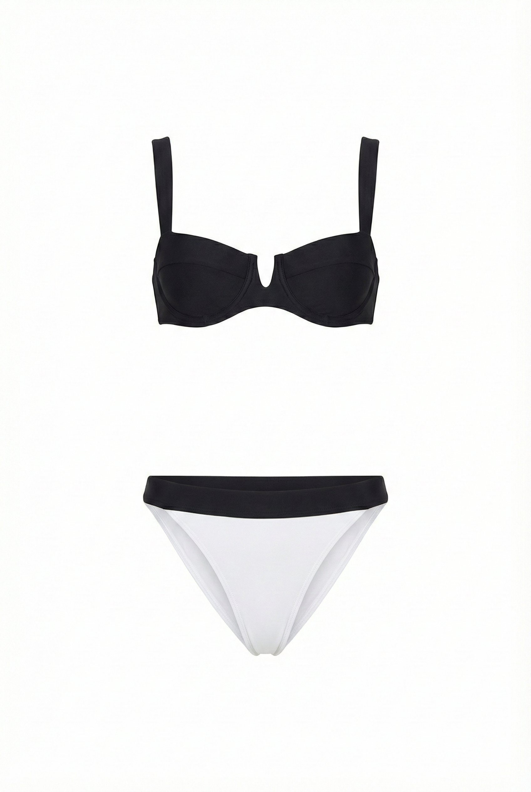 jayde black bikini set, front view with underwire top, wide straps and white bottoms with black waistband