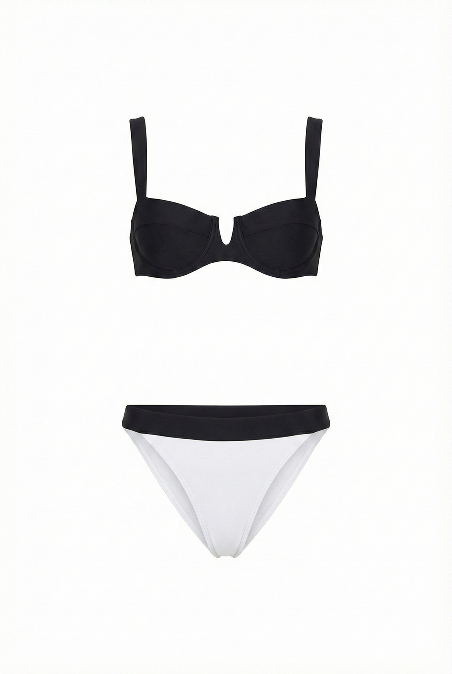 jayde black bikini set, front view with underwire top, wide straps and white bottoms with black waistband