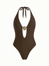 Brown Plunge One-Piece Swimsuit with Gold Accent - Little Nooks
