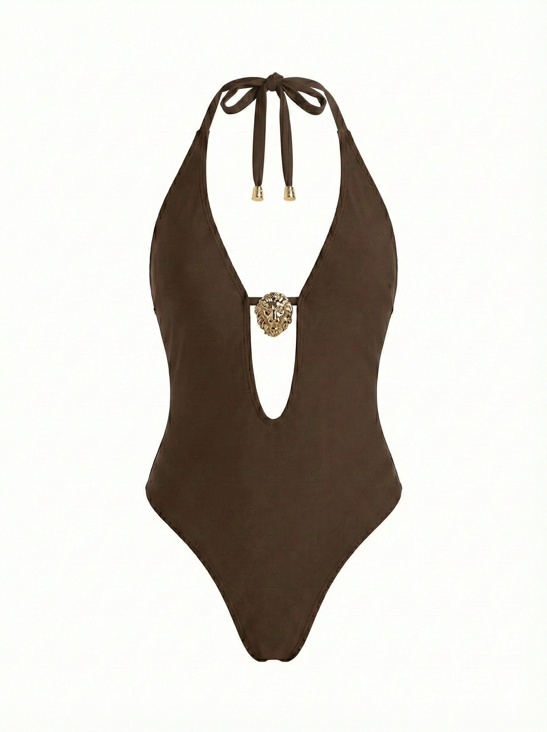 Brown Plunge One-Piece Swimsuit with Gold Accent - Little Nooks