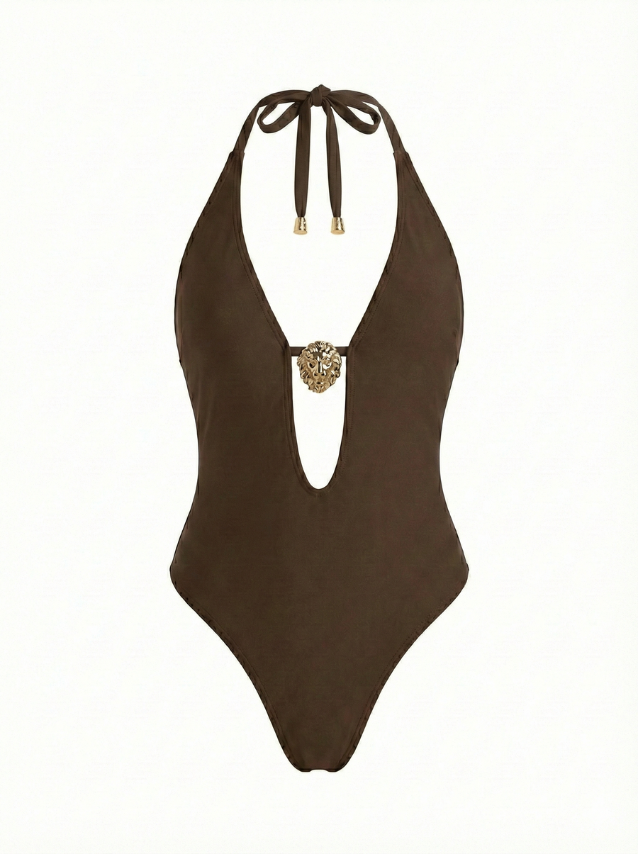 Brown Plunge One-Piece Swimsuit with Gold Accent - Little Nooks