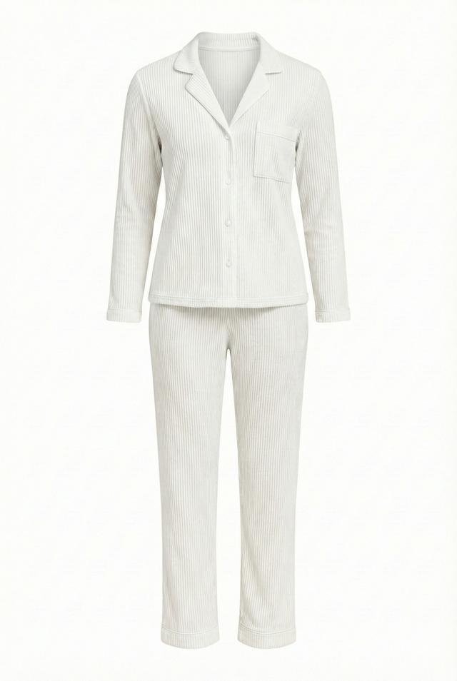 Sophie Ribbed Button-Down Pajama Set | Off White - Little Nooks