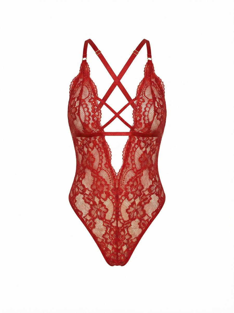 Ruby Lace Cut-Out Bodysuit | Red - Little Nooks
