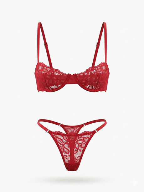 Sloane Lace Underwire Bra & High-Leg Thong Set | Red - Little Nooks