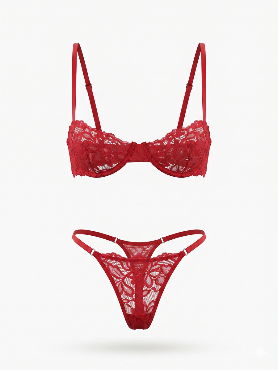 Sloane Lace Underwire Bra & High-Leg Thong Set | Red - Little Nooks