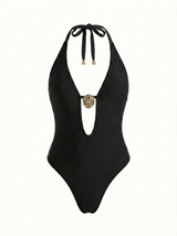 Black Plunge One-Piece Swimsuit with Gold Accent - Little Nooks