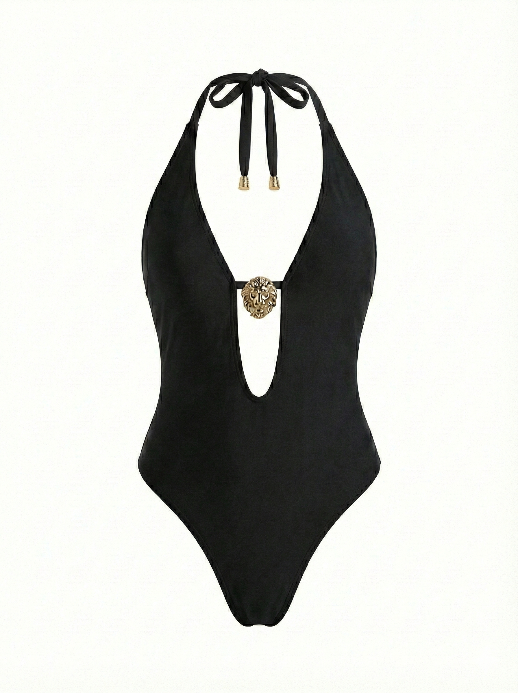 Black Plunge One-Piece Swimsuit with Gold Accent - Little Nooks
