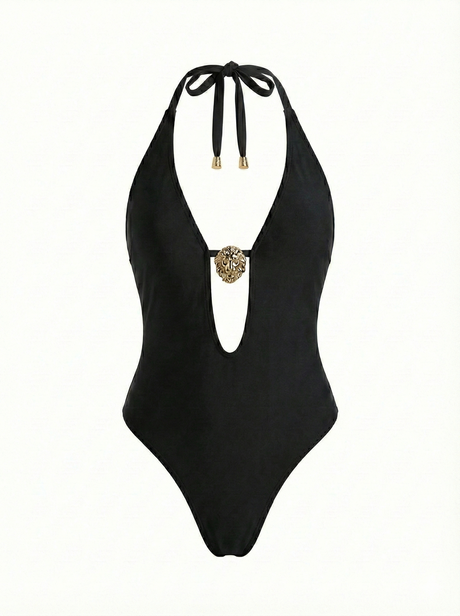 Black Plunge One-Piece Swimsuit with Gold Accent - Little Nooks