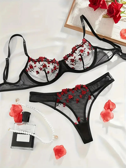 Floral Embroidery Mesh Cami Bra & Panties