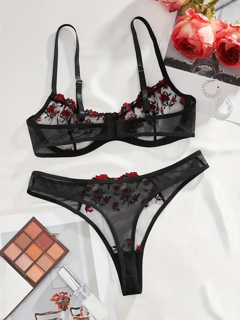 Floral Embroidery Mesh Cami Bra & Panties