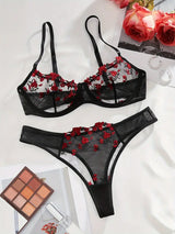 Floral Embroidery Mesh Cami Bra & Panties