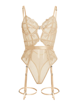Evangeline Lace Garter Bodysuit | Champagne