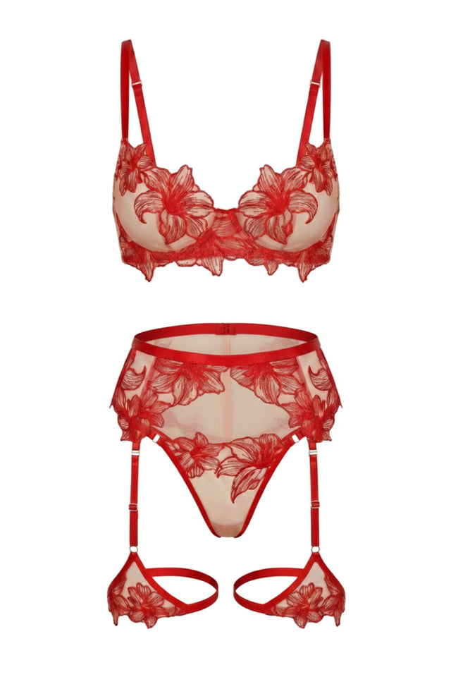 Amora Blossom Embroidered Lace Lingerie Set - Red - Little Nooks