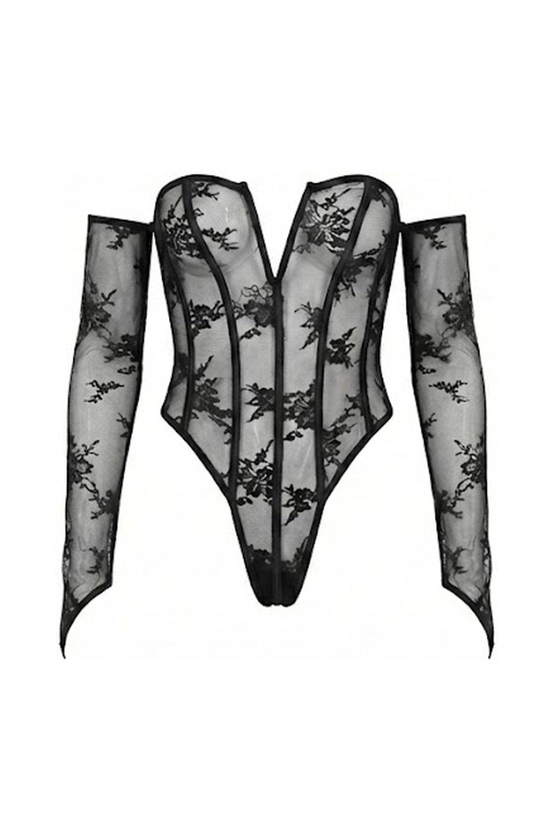 nia black lace corset bodysuit with sheer floral pattern, plunging neckline and long sleeves