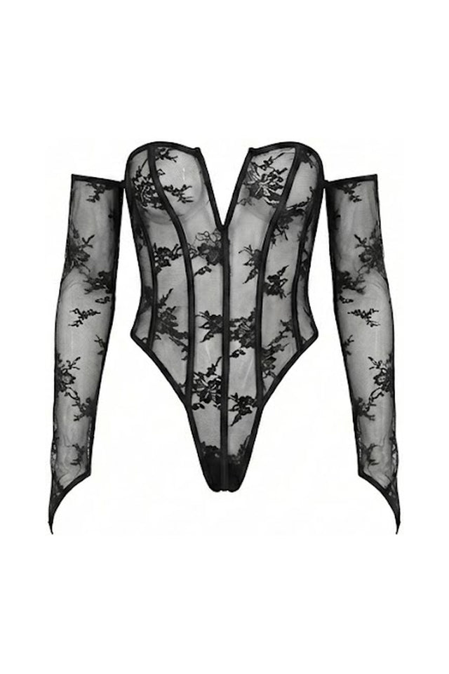 Nia Sheer Lace Corset Bodysuit | Black - Little Nooks