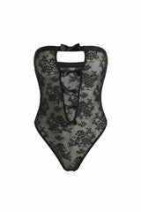 Sabrina Lace Bow Cut-Out Bodysuit | Black - Little Nooks