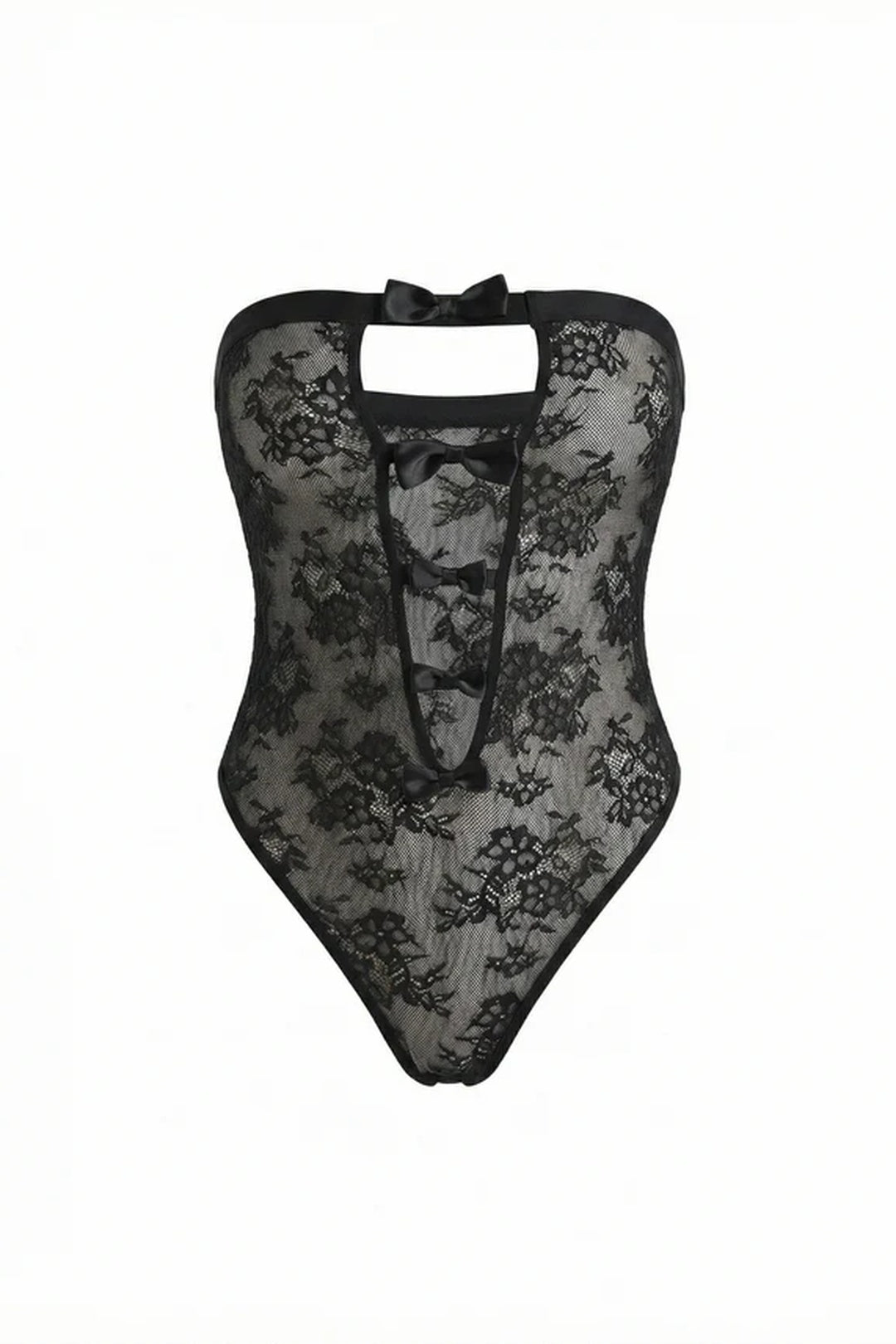 sabrina black lace bodysuit with sheer floral pattern, central cut-out and satin bows