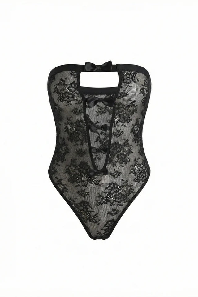 Sabrina Lace Bow Cut-Out Bodysuit | Black - Little Nooks