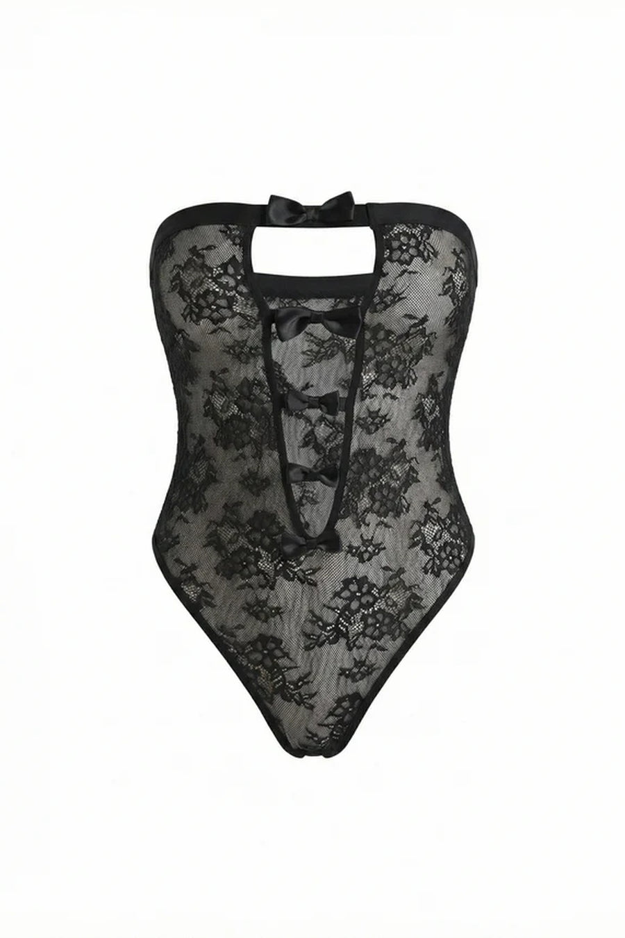 sabrina black lace bodysuit with sheer floral pattern, central cut-out and satin bows