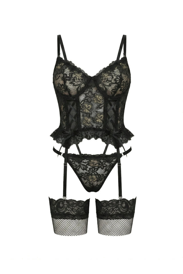 Bianca Lace Corset Lingerie Set | Black - Little Nooks