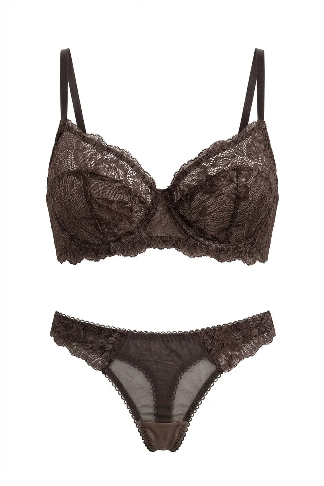 ava chocolate brown lace sheer lingerie set, front view of bra and matching thong with scalloped edges