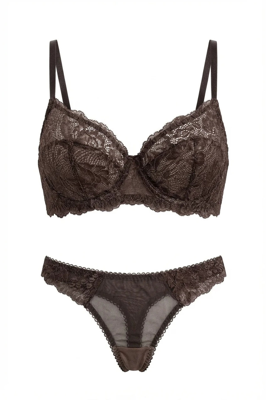 ava chocolate brown lace sheer lingerie set, front view of bra and matching thong with scalloped edges