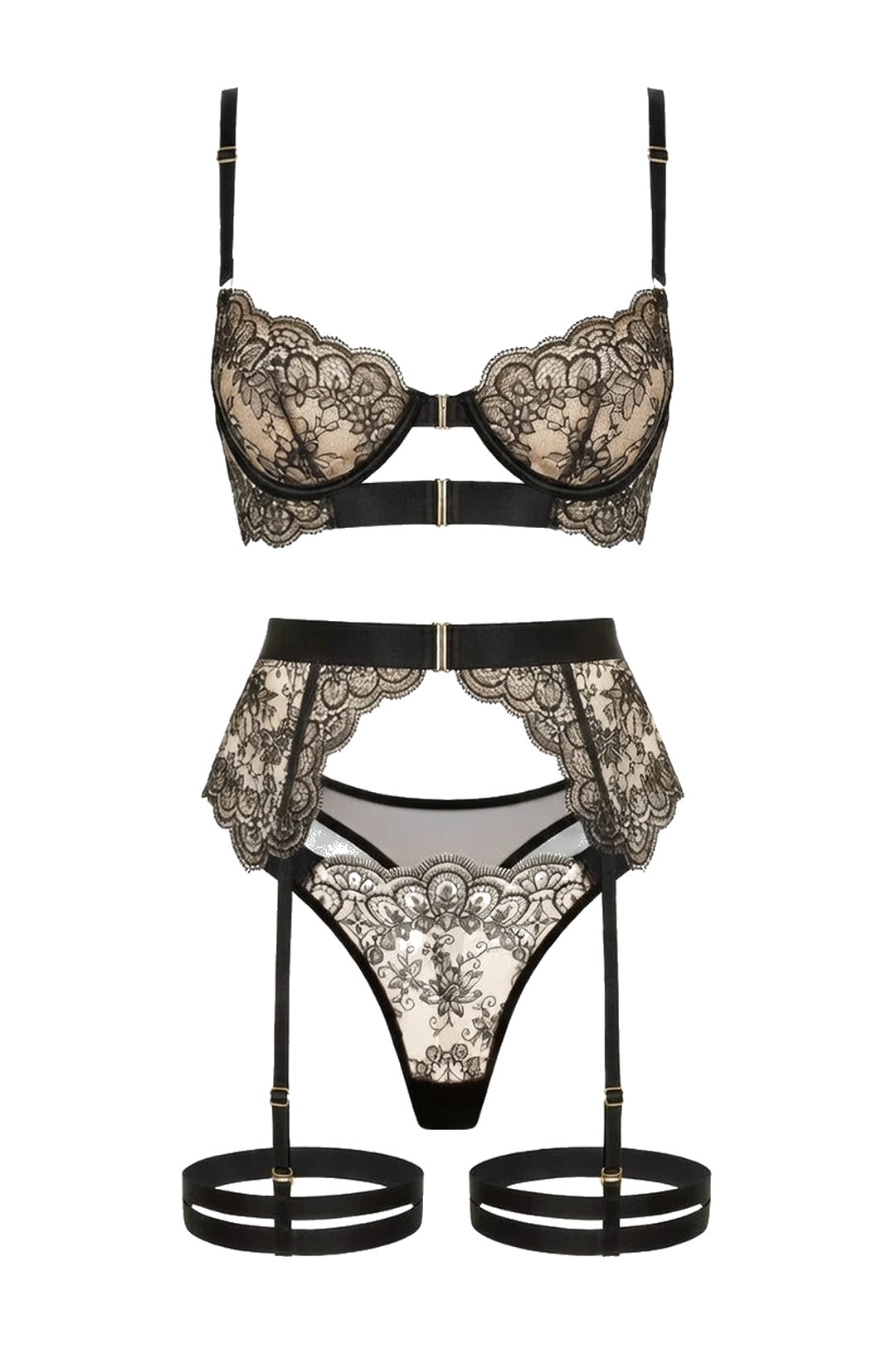 nicola black 3pc lingerie set with floral lace bra, thong, suspender belt and thigh straps