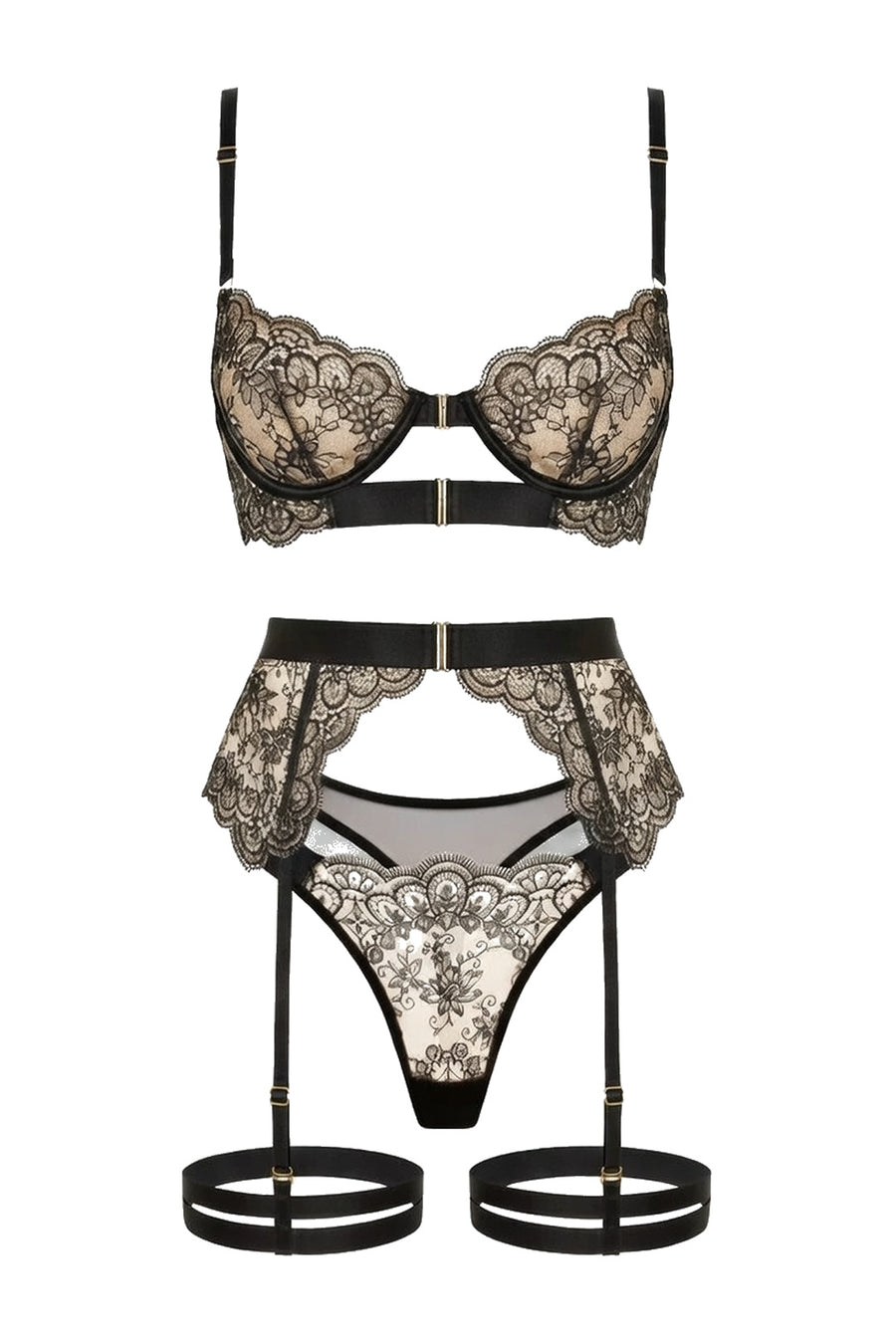 nicola black 3pc lingerie set with floral lace bra, thong, suspender belt and thigh straps