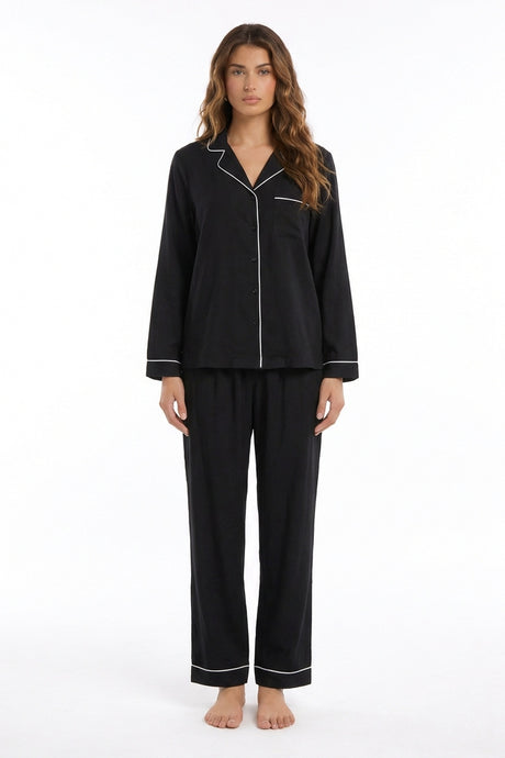 Grace Piped Long Sleeve Pyjama Set | Black - Little Nooks