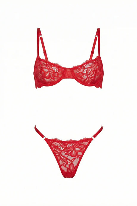 Sloane Lace Underwire Bra & High-Leg Thong Set | Red - Little Nooks