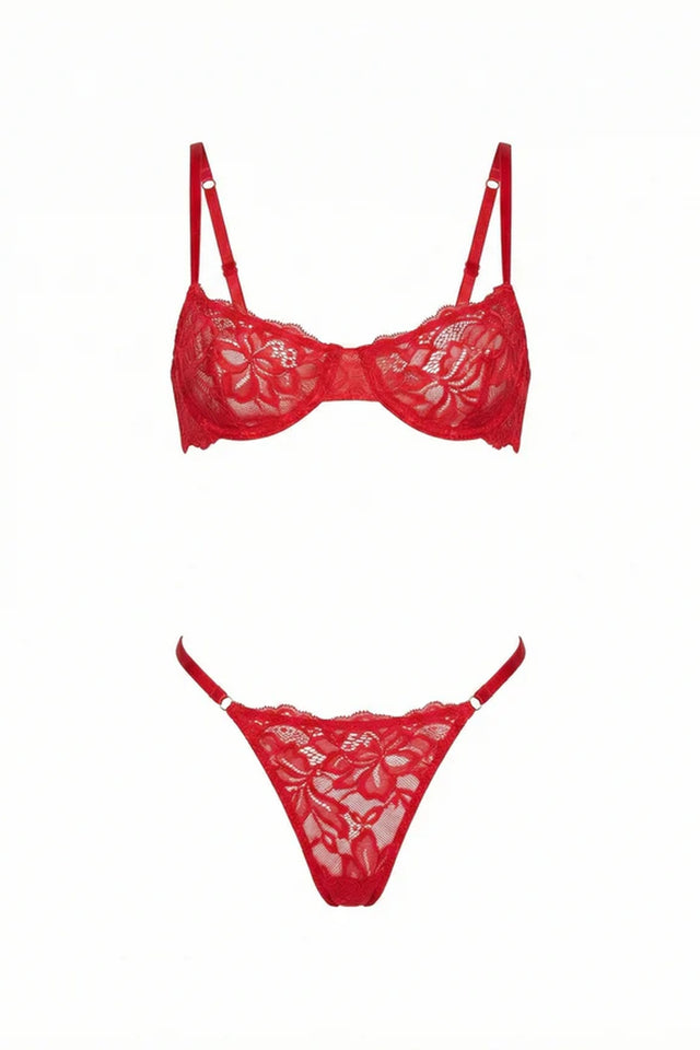 Sloane Lace Underwire Bra & High-Leg Thong Set | Red - Little Nooks