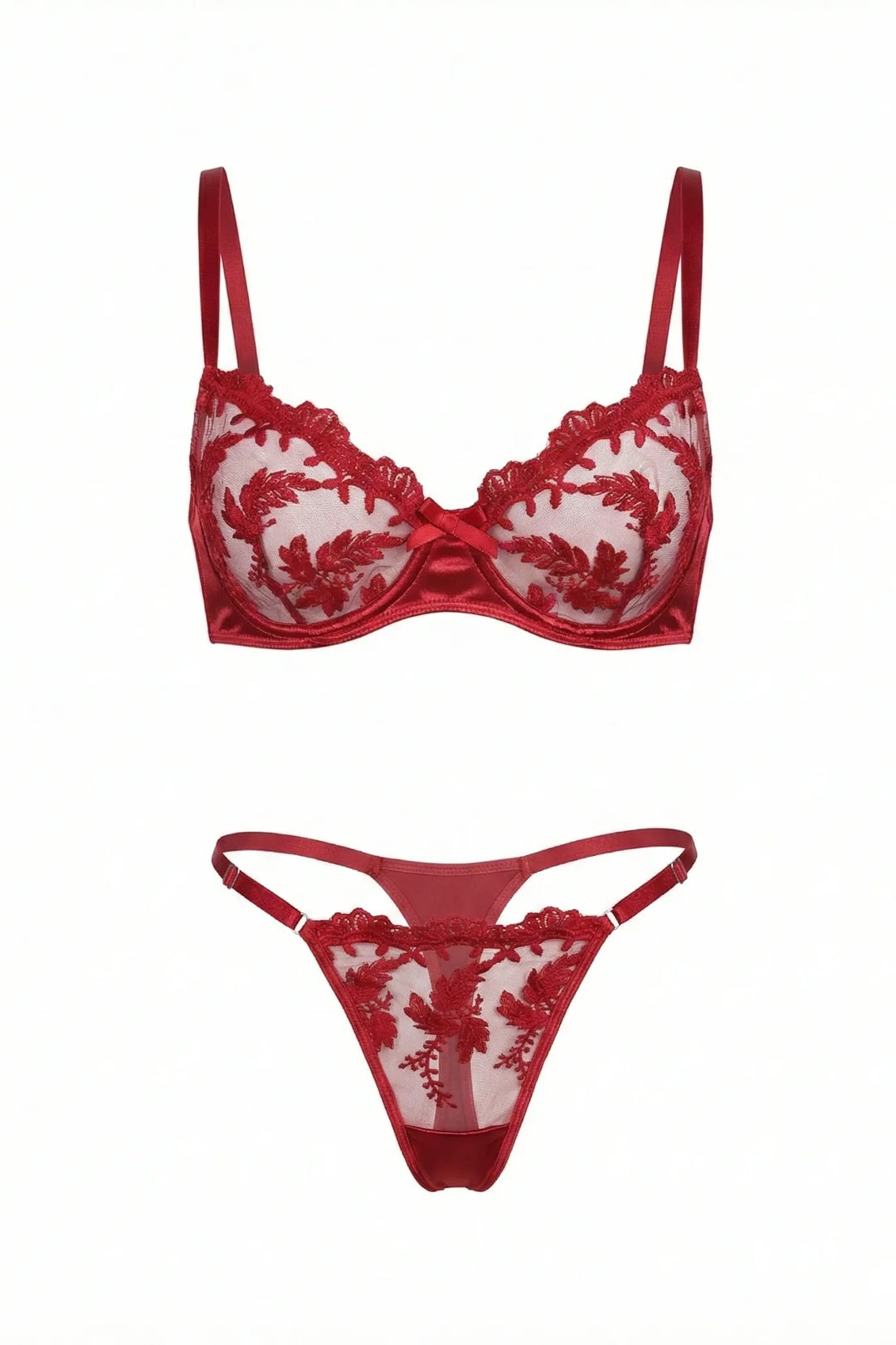 burgundy floral embroidered lingerie bra set with sheer cups, scalloped trim, center bow and strappy thong