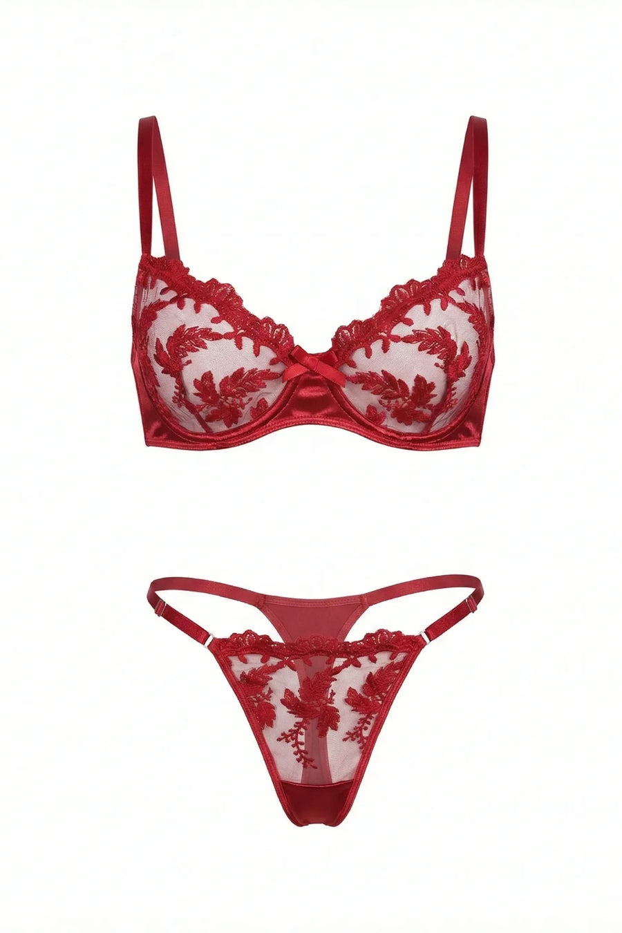 burgundy floral embroidered lingerie bra set with sheer cups, scalloped trim, center bow and strappy thong