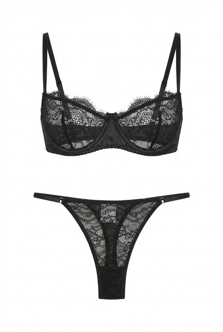 Black lace lingerie set displayed on a white background, featuring an underwired demi bra with sheer floral lace cups and matching low-rise lace thong with slim adjustable side straps.