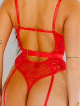Evangeline Lace Garter Bodysuit | Red