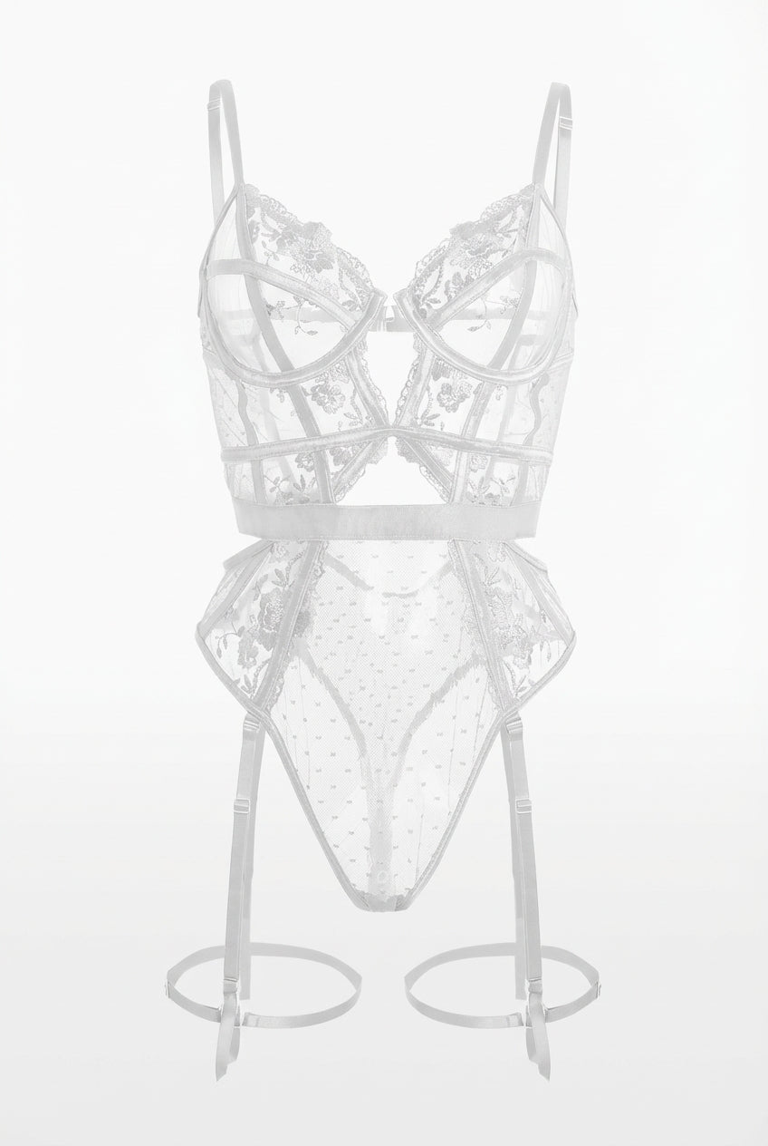 Evangeline Lace Garter Bodysuit | White - Little Nooks