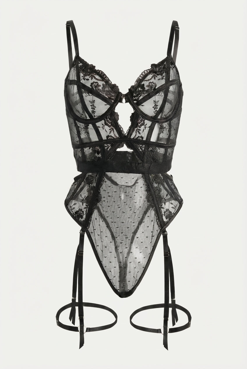 evangeline black lace garter bodysuit with underwire cups, sheer panels and adjustable garter straps