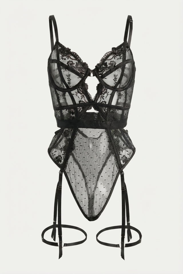 Evangeline Lace Garter Bodysuit | Black - Little Nooks