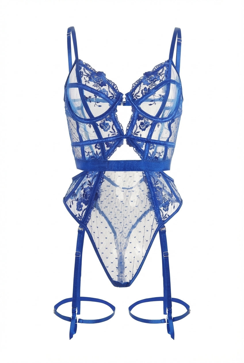 Evangeline Lace Garter Bodysuit | Blue - Little Nooks
