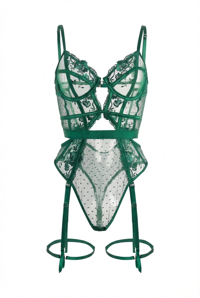evangeline green garter bodysuit with underwire cups, sheer panels, and suspender straps