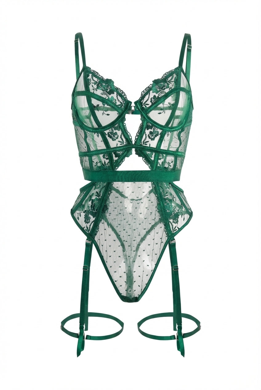 evangeline green garter bodysuit with underwire cups, sheer panels, and suspender straps