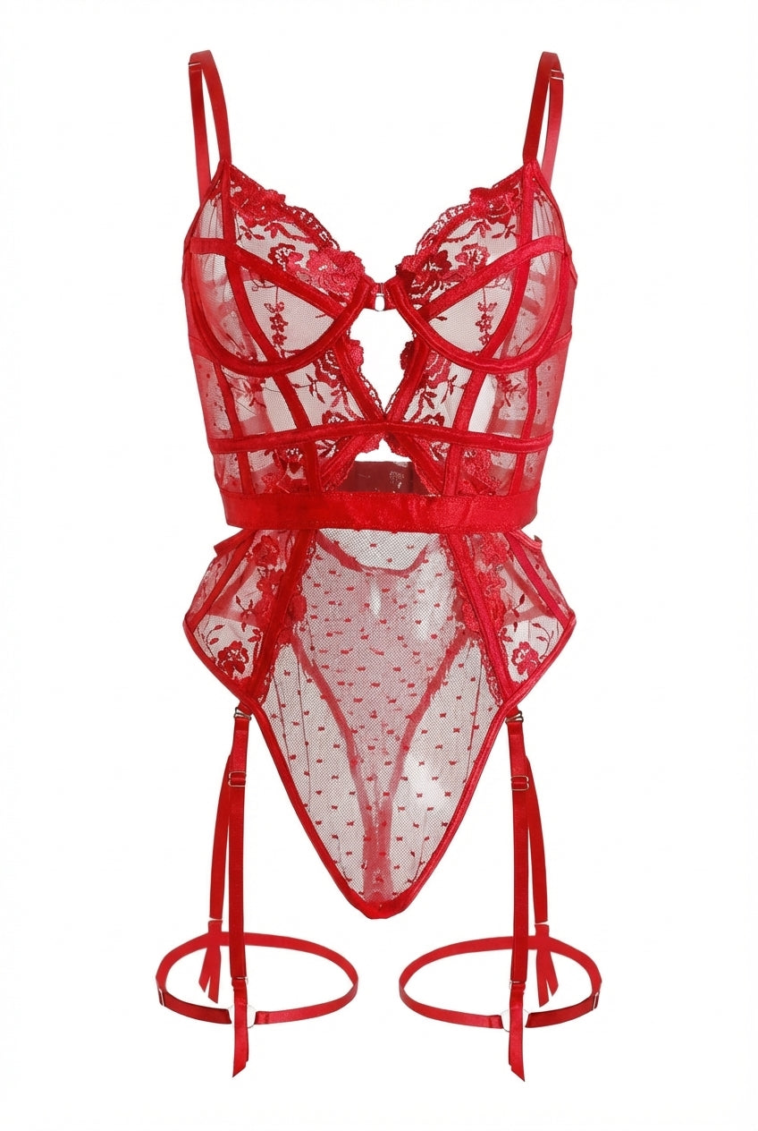 red evangeline lingerie bodysuit with sheer floral mesh, front cutouts, adjustable straps and thigh loops