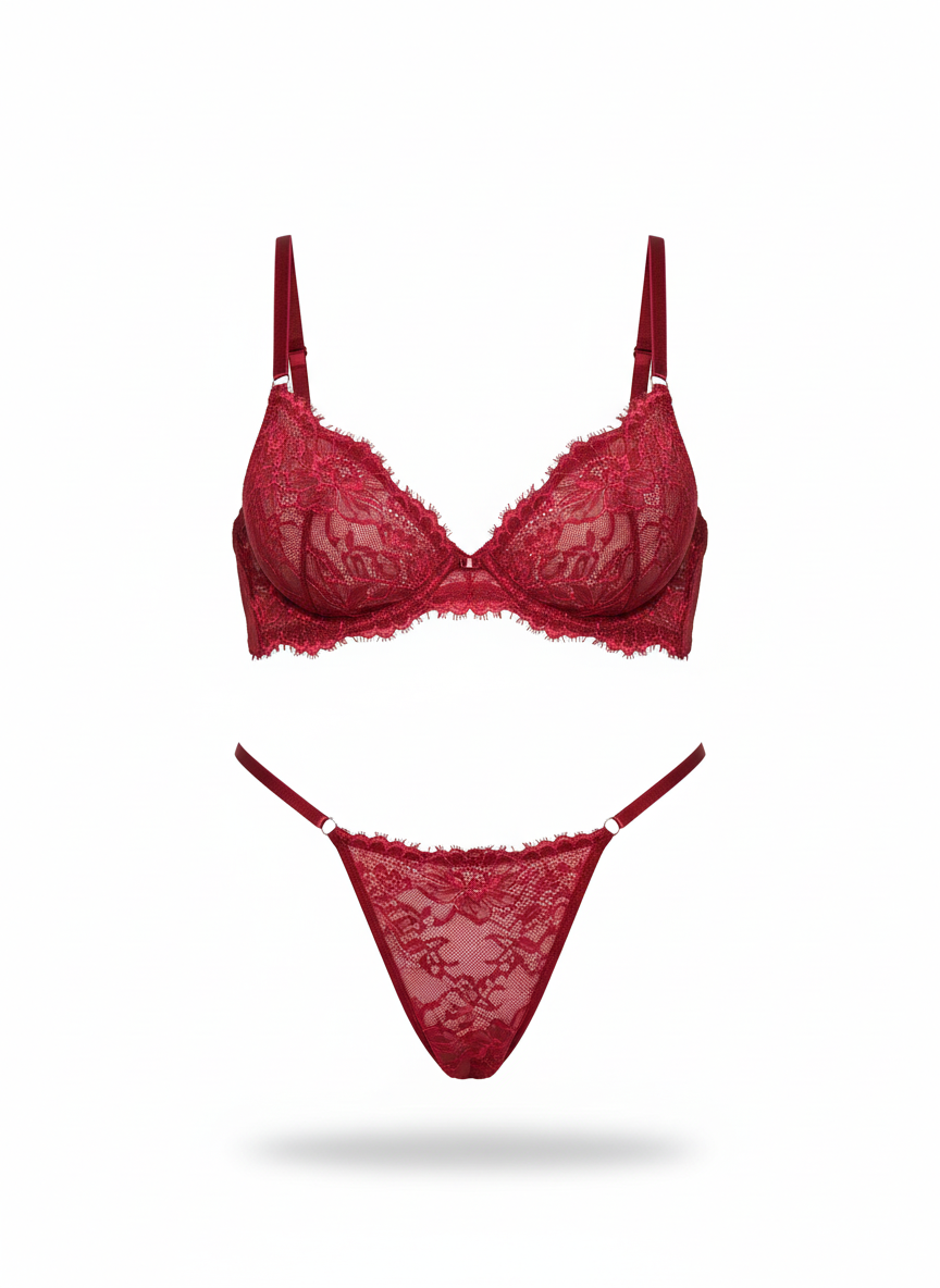 Eyelash Burgundy Lace Underwire Bra Lingerie Set - Little Nooks
