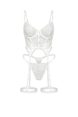 Freya Sheer Lace Basque & Thigh Garter Set | White - Little Nooks