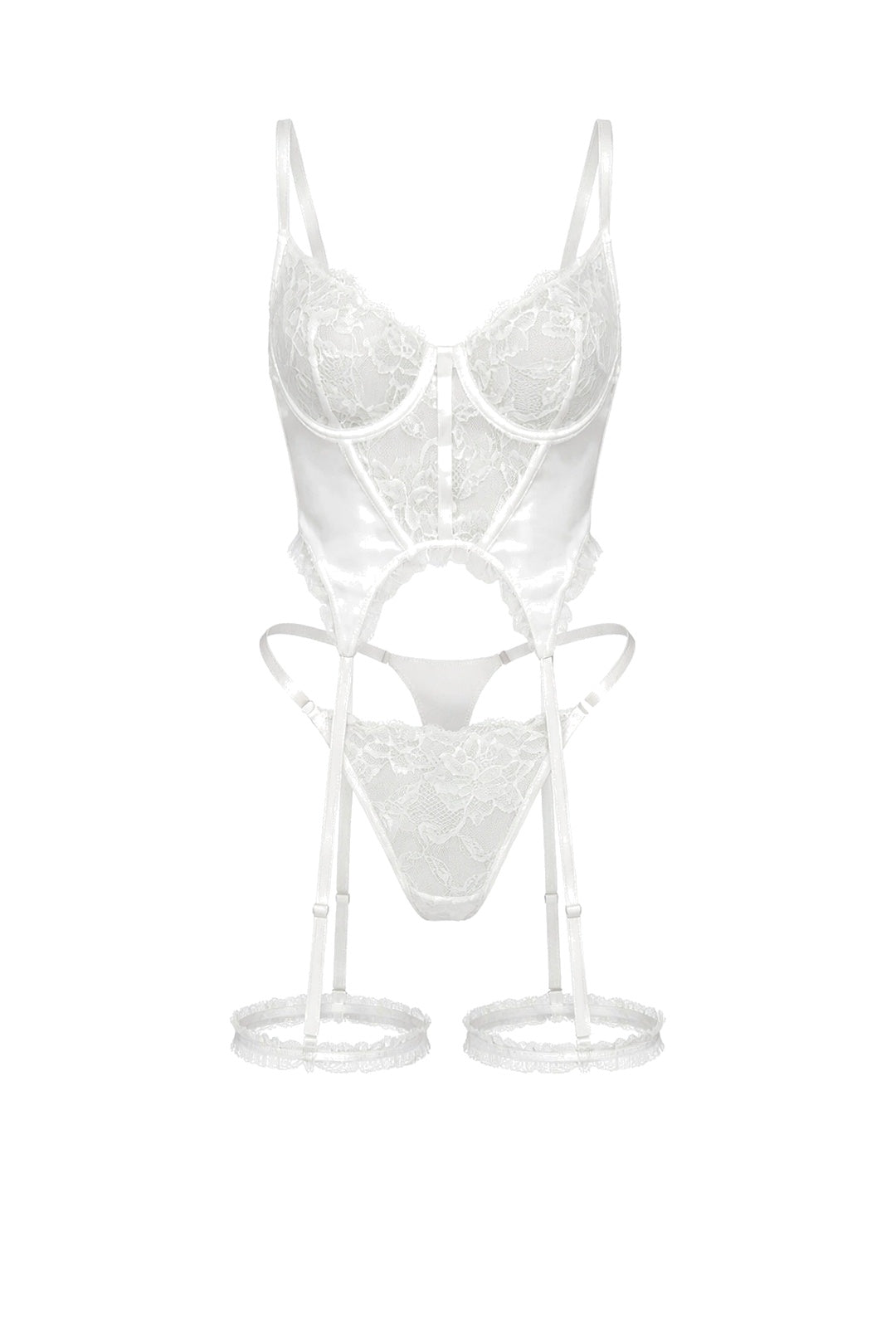 white freya basque lingerie set with underwire cups, sheer panels, adjustable straps and thigh garters