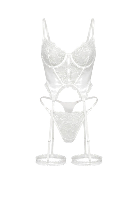 Freya Sheer Lace Basque & Thigh Garter Set | White - Little Nooks