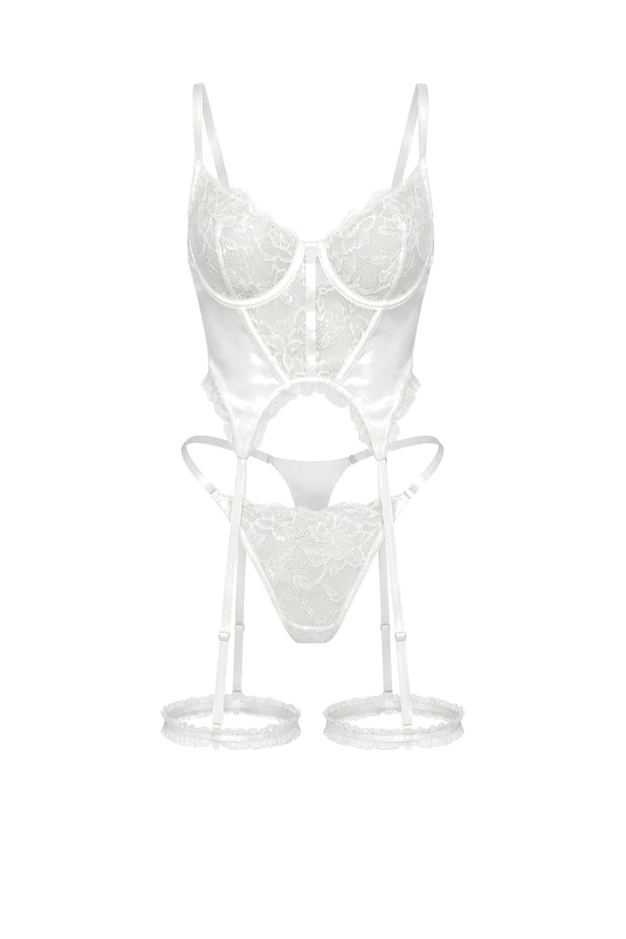 white freya basque lingerie set with underwire cups, sheer panels, adjustable straps and thigh garters
